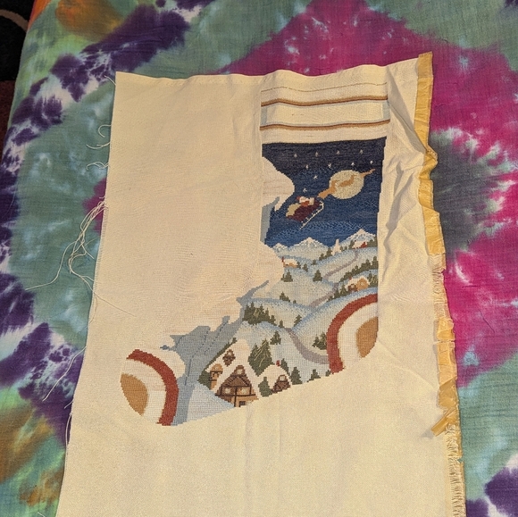 Vintage Christmas Stocking Santa  Sled Unfinished Needlepoint Hand Embroidered - Picture 2 of 9